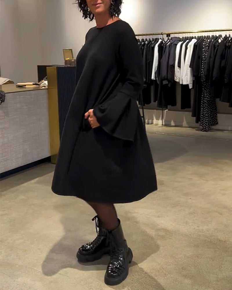 Sukienka Jednokolorowy Rozkloszowany Rękaw Marszczony