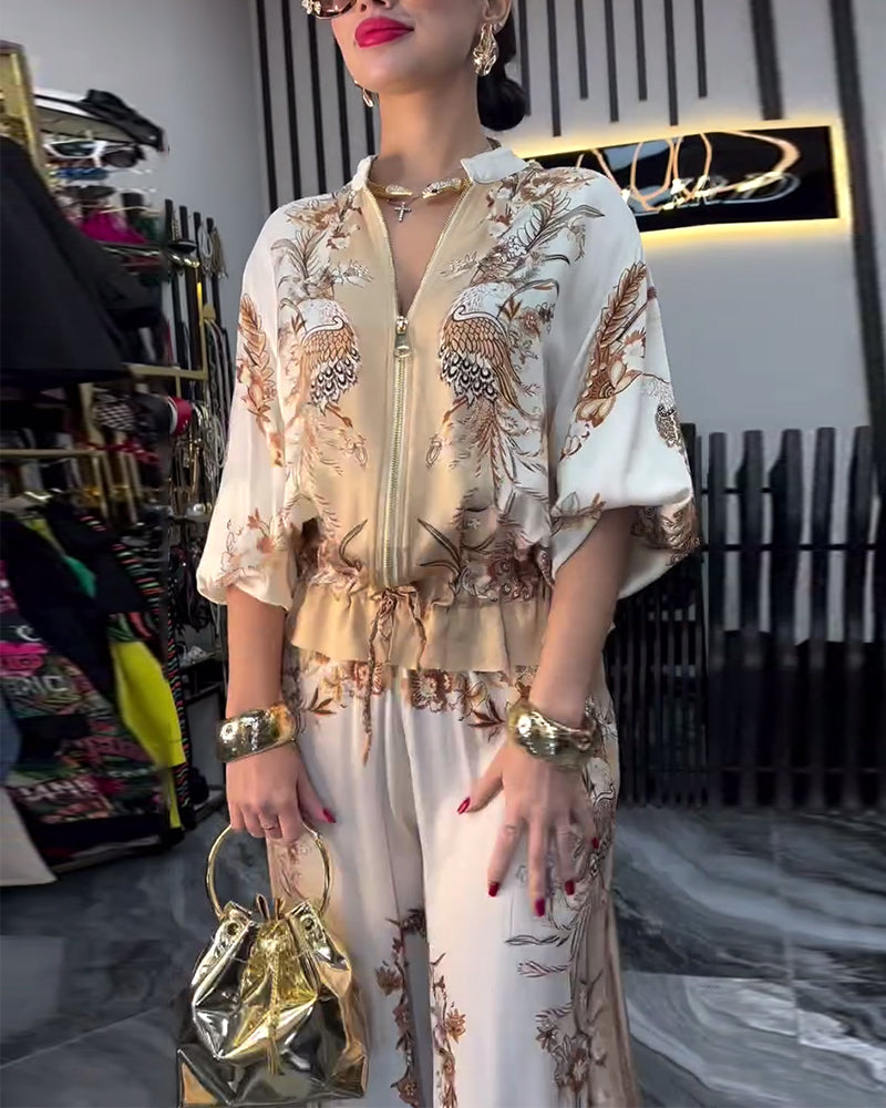 Garnitur o Szerokich Nogawkach Temperament Stójka Zamek Błyskawiczny