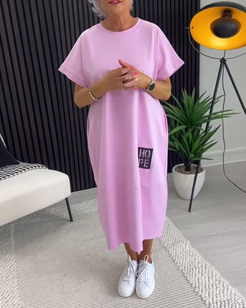 Sukienka Krótki Rękaw Swobodna Prosta Kieszeń