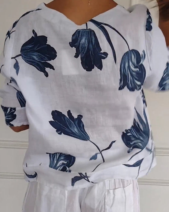 Bluza zapinana na guziki z bawełny i lnu w kwiatowy wzór