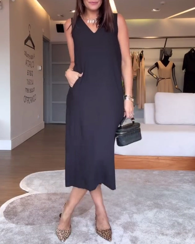 Sukienka casualowa z dekoltem w serek, bez rękawów, jednokolorowa, z rozcięciem