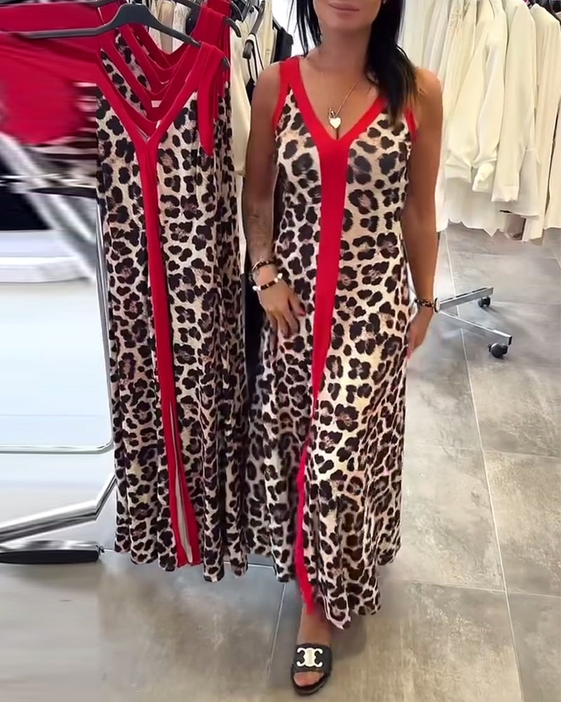 Sukienka Bez Rękawów Elegancka W Panterkę Kontrastowa