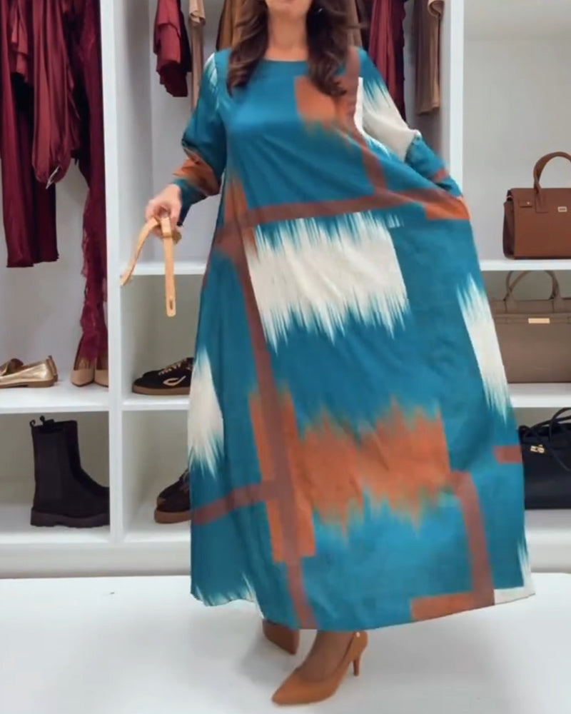 Modna Drukowana Sukienka Z Okrągłym Dekoltem I Długimi Rękawami