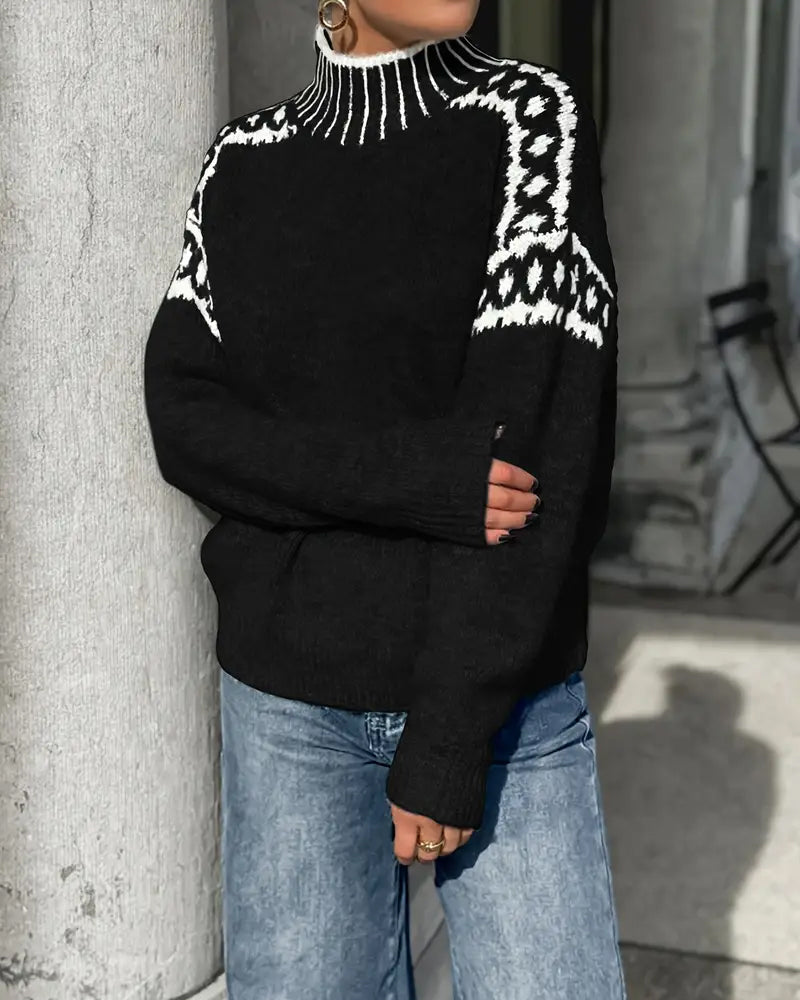 Sweter Wysoki Kołnierz Wzór Kontrast