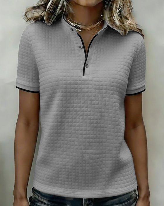 Top Wzór Wafelkowy Zapinany Na Guziki Krótki Rękaw