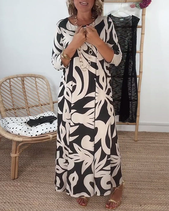 Sukienka Z Okrągłym Dekoltem I Długimi Rękawami Z Wzorem