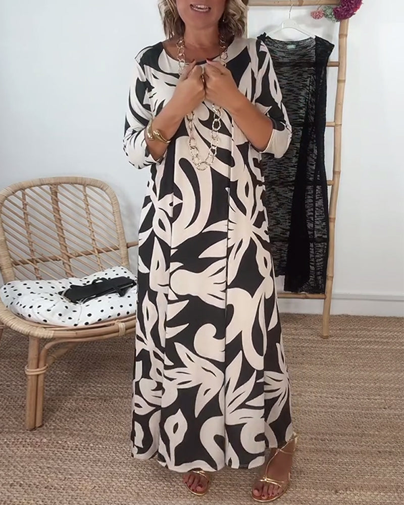 Sukienka Z Okrągłym Dekoltem I Długimi Rękawami Z Wzorem