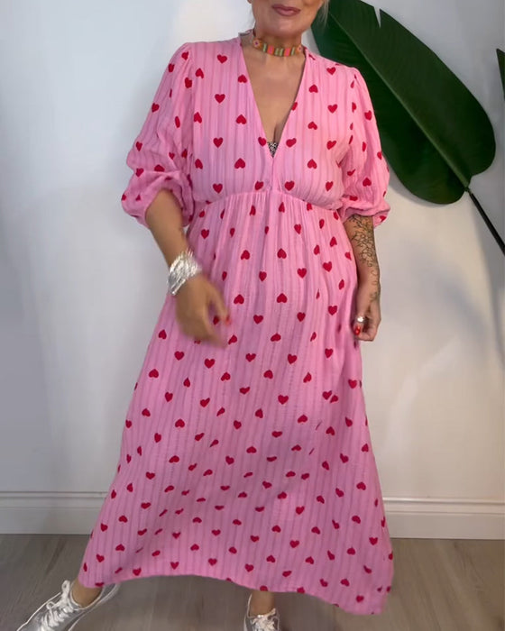 Sukienka Elegancka Dekolt W Serek Wzór W Serca