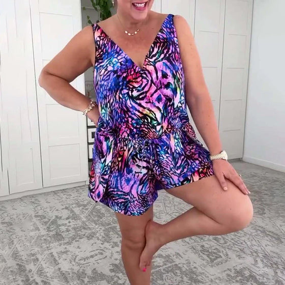 Strój Kąpielowy V-Neck Kolorowy Wzór Jednoczęściowy