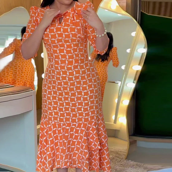 Sukienka Pół Rękaw Rund Hals Talia Drukowana