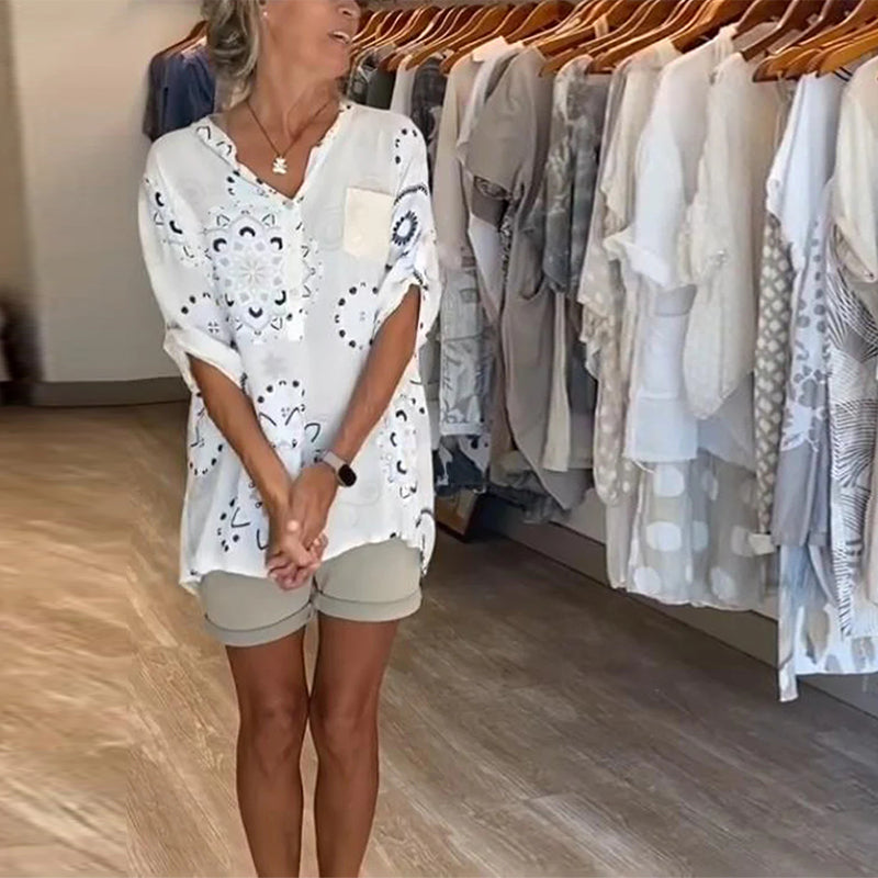 Bluzka Uniwersalna Dekolt W S Nadruk Połdługie Rękawy