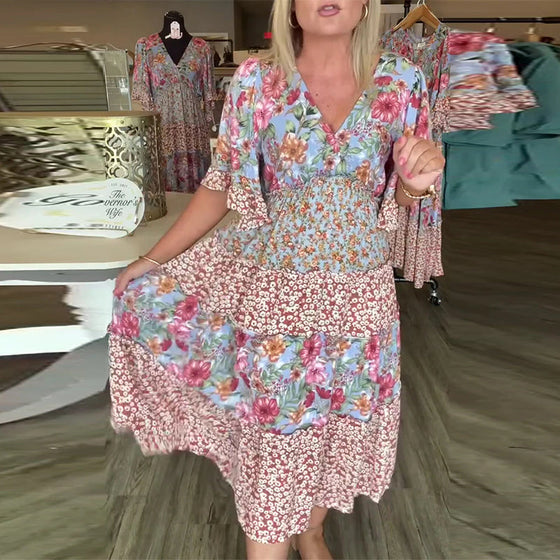 Sukienka Dekolt W Serek Rękaw Lotosowy Kwiatowy