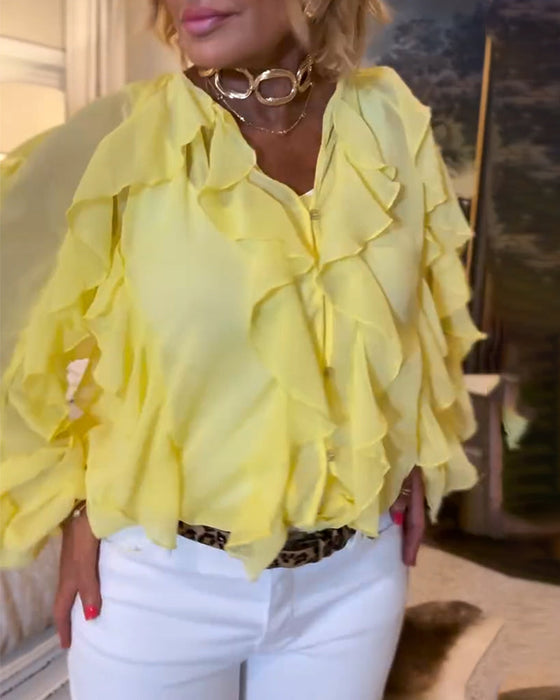 Falbaniasta, Zwiewna Koszula W Jednolitym Kolorze