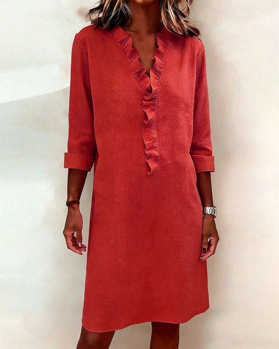 Sukienka Plisowany Dekolt W Serek Jednokolorowa