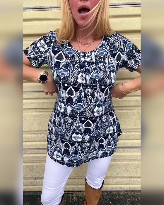 Koszulka casual retro okrągły dekolt nadruk