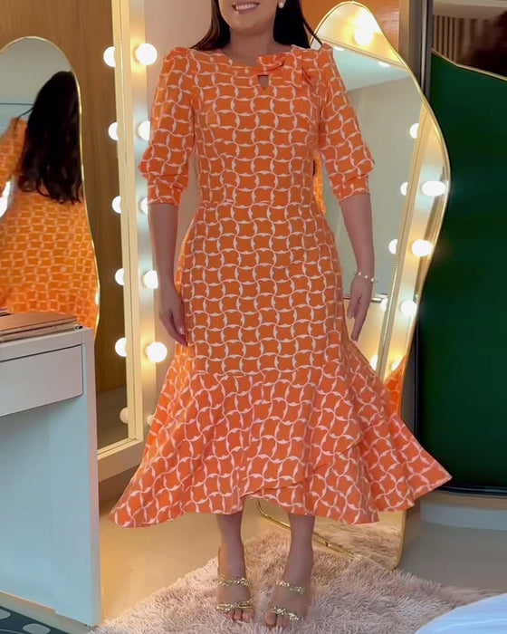 Sukienka Pół Rękaw Rund Hals Talia Drukowana