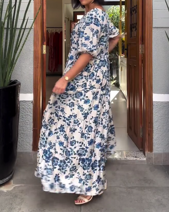 Sukienka Krótki Rękaw Kwiatowy Nadruk