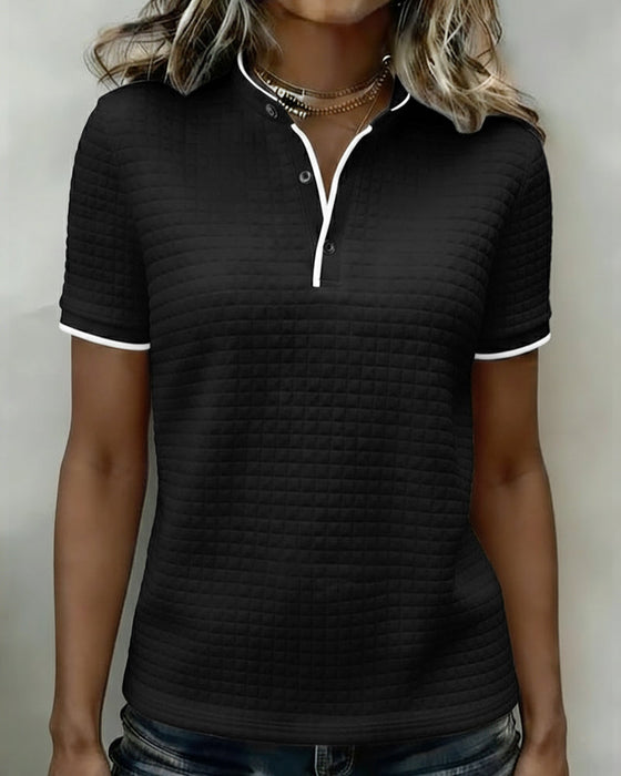 Top Wzór Wafelkowy Zapinany Na Guziki Krótki Rękaw