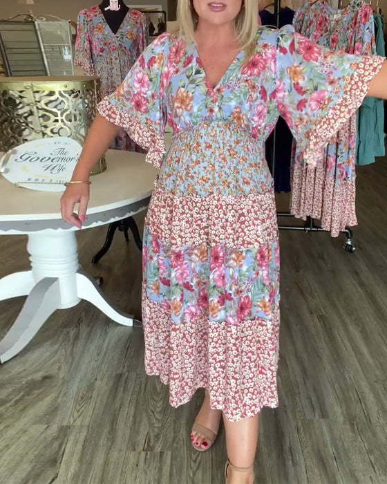 Sukienka Dekolt W Serek Rękaw Lotosowy Kwiatowy