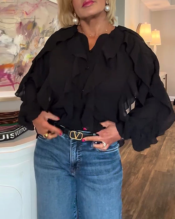 Falbaniasta, Zwiewna Koszula W Jednolitym Kolorze