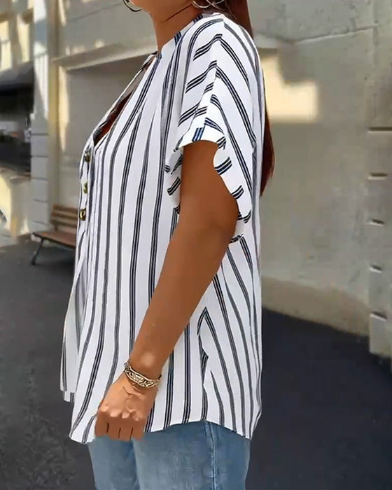 Bluzka Zapinana na Guziki V-dekolt W Paski