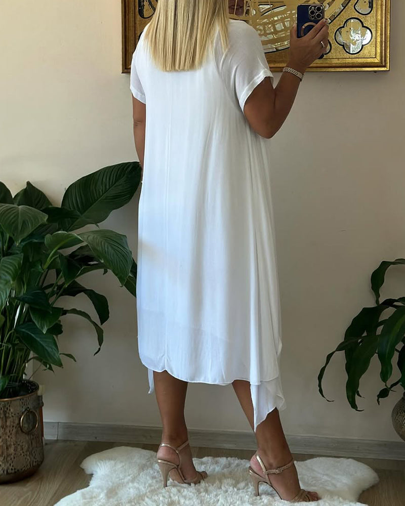 Sukienka Fałszywa Dwuczęściowa Podwójna Warstwowa Luźna Krótkim Rękawem