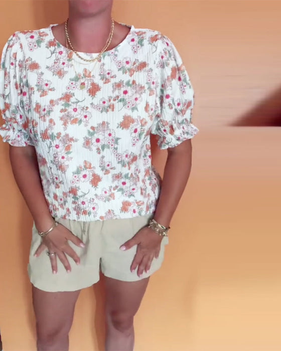 Bluzka Okrągły Dekor Kwiatowy Krótki Rękaw