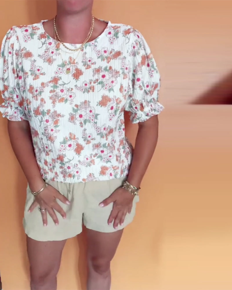 Bluzka Okrągły Dekor Kwiatowy Krótki Rękaw