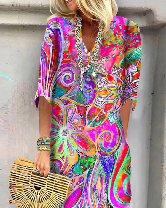 Sukienka Kolorowy Kwiatowy Wzór