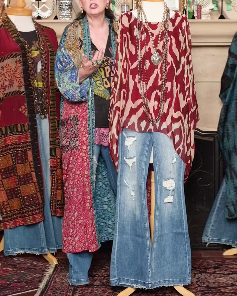 Bluzka Nietoperzowy Rękaw Nadruk Długi Rękaw