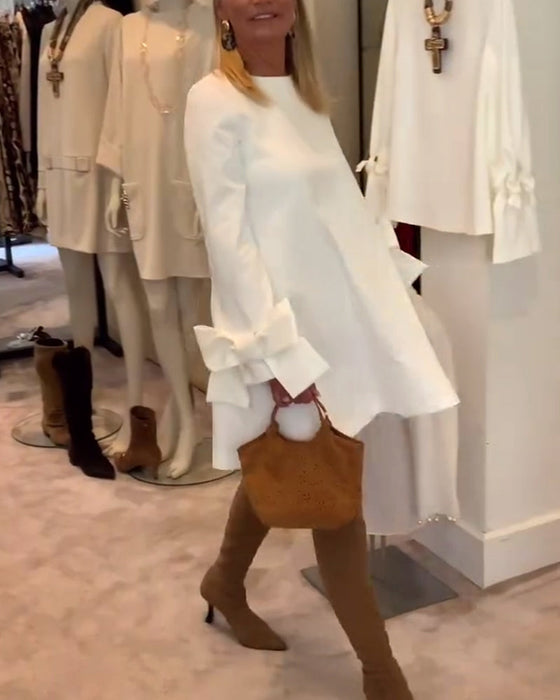 Sukienka Modna Okrągły Dekolt Kokarda Rękaw