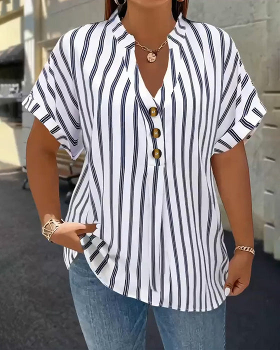 Bluzka Zapinana na Guziki V-dekolt W Paski