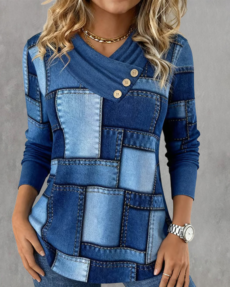 Długorękawowy Top Z Dekoltem W Serek I Jednolitym Kontrastem