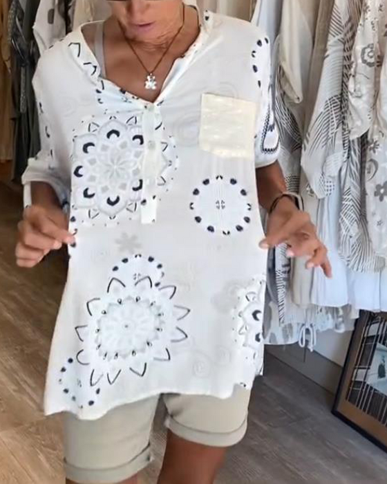 Bluzka Uniwersalna Dekolt W S Nadruk Połdługie Rękawy