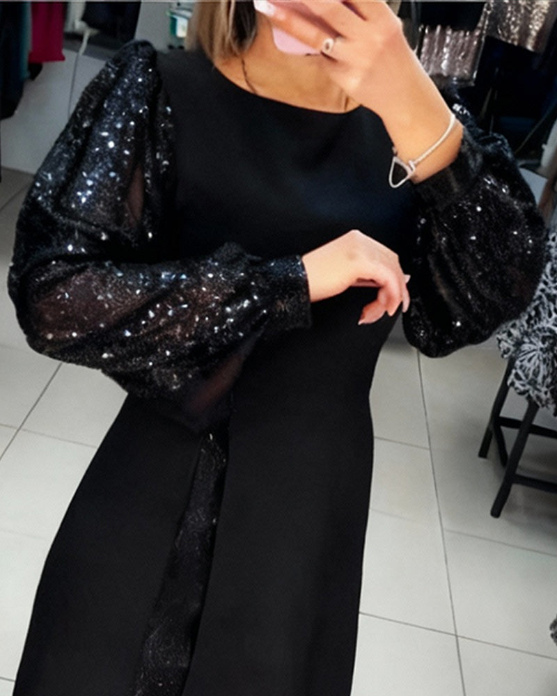 Elegancka Sukienka Z Bufiastymi Rękawami I Detalami Patchwork