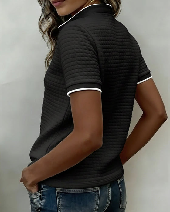 Top Wzór Wafelkowy Zapinany Na Guziki Krótki Rękaw