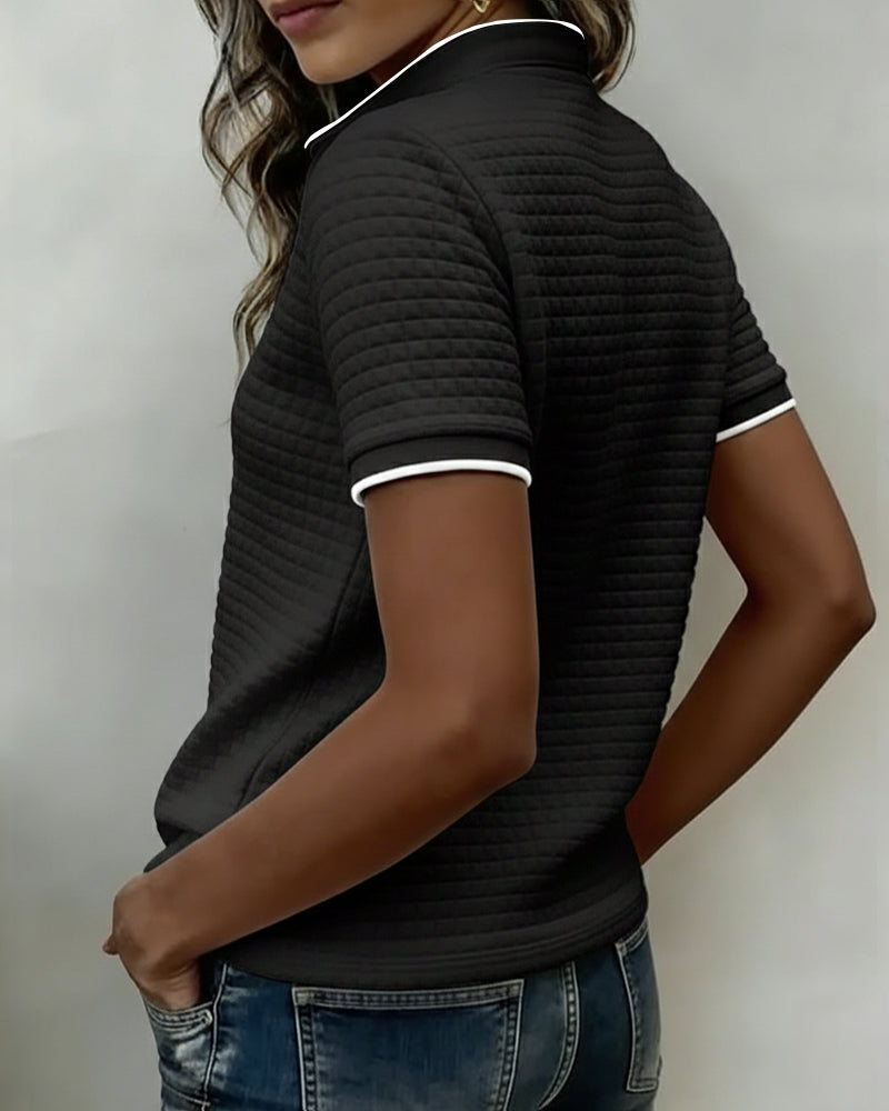 Top Wzór Wafelkowy Zapinany Na Guziki Krótki Rękaw