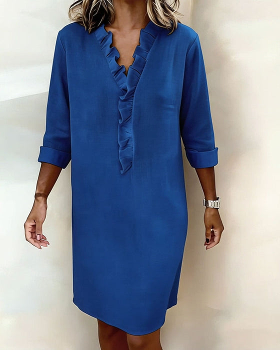 Sukienka Plisowany Dekolt W Serek Jednokolorowa