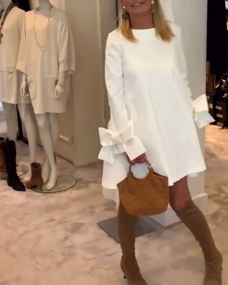 Sukienka Modna Okrągły Dekolt Kokarda Rękaw