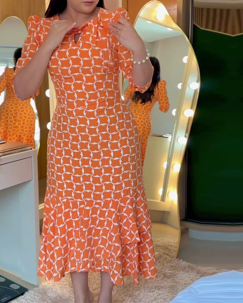 Sukienka Pół Rękaw Rund Hals Talia Drukowana