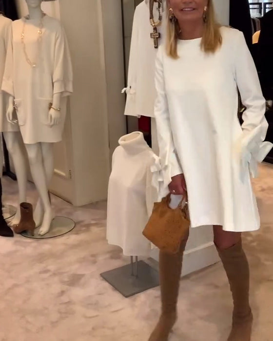 Sukienka Modna Okrągły Dekolt Kokarda Rękaw