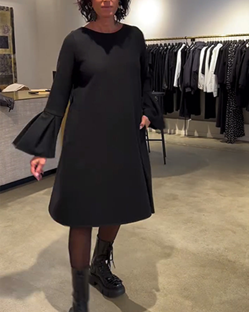 Sukienka Jednokolorowy Rozkloszowany Rękaw Marszczony