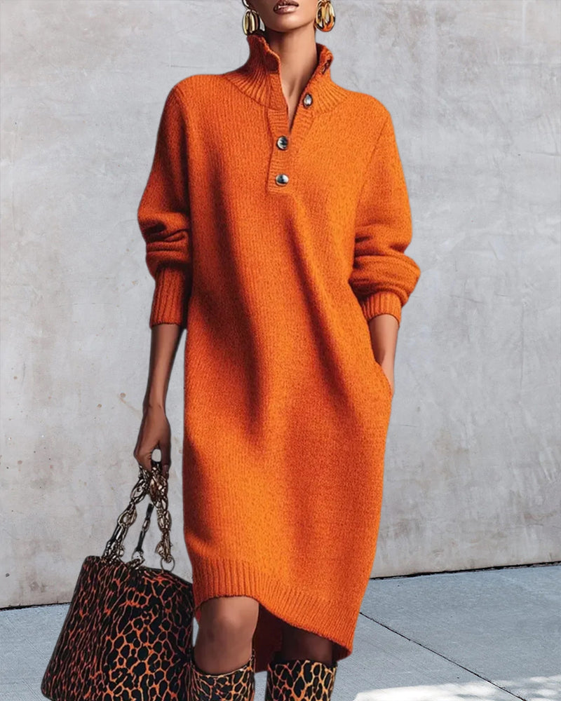 Jednokolorowa Sukienka Z Guzikami I Wysoką Szyją