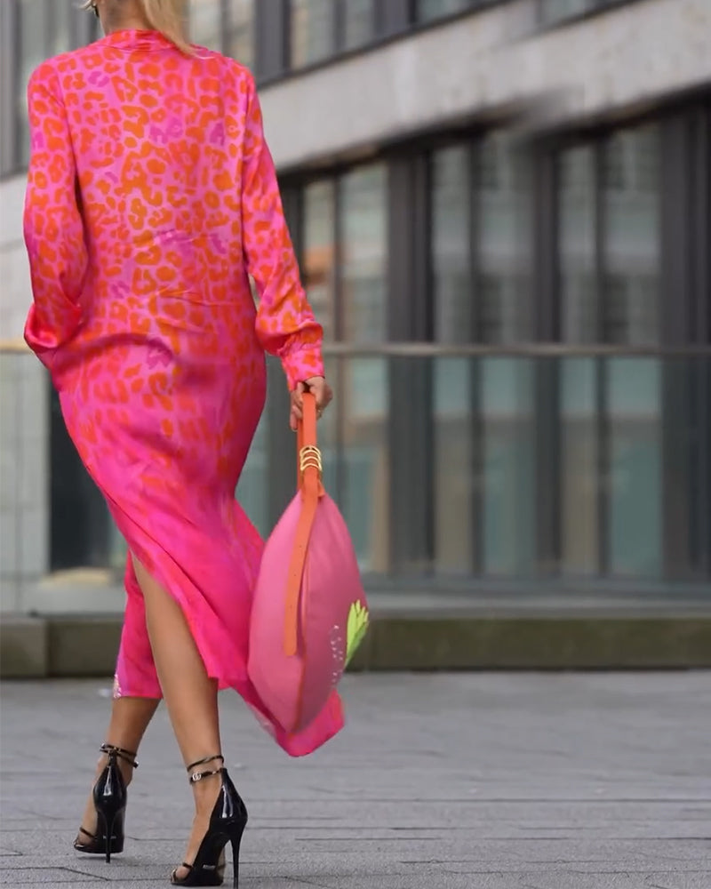 Sukienka Z Długim Rękawem Wzór W Lamparta Rozporek