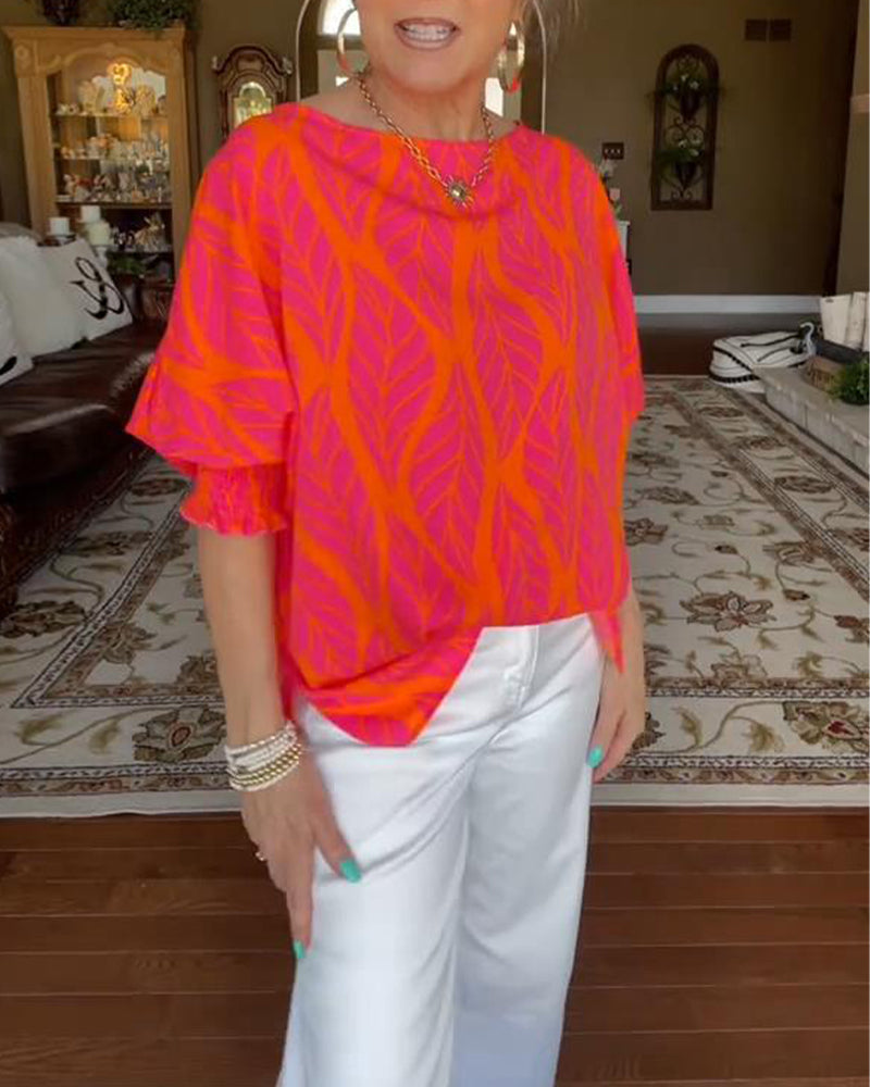 Bluzka Okrągły Dekolt Luźna Z Nadrukiem