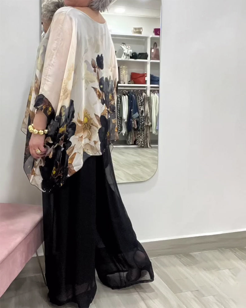 Bluzka Z Długim Rękawem Nieregularna Duży Kwiatowy Wzór