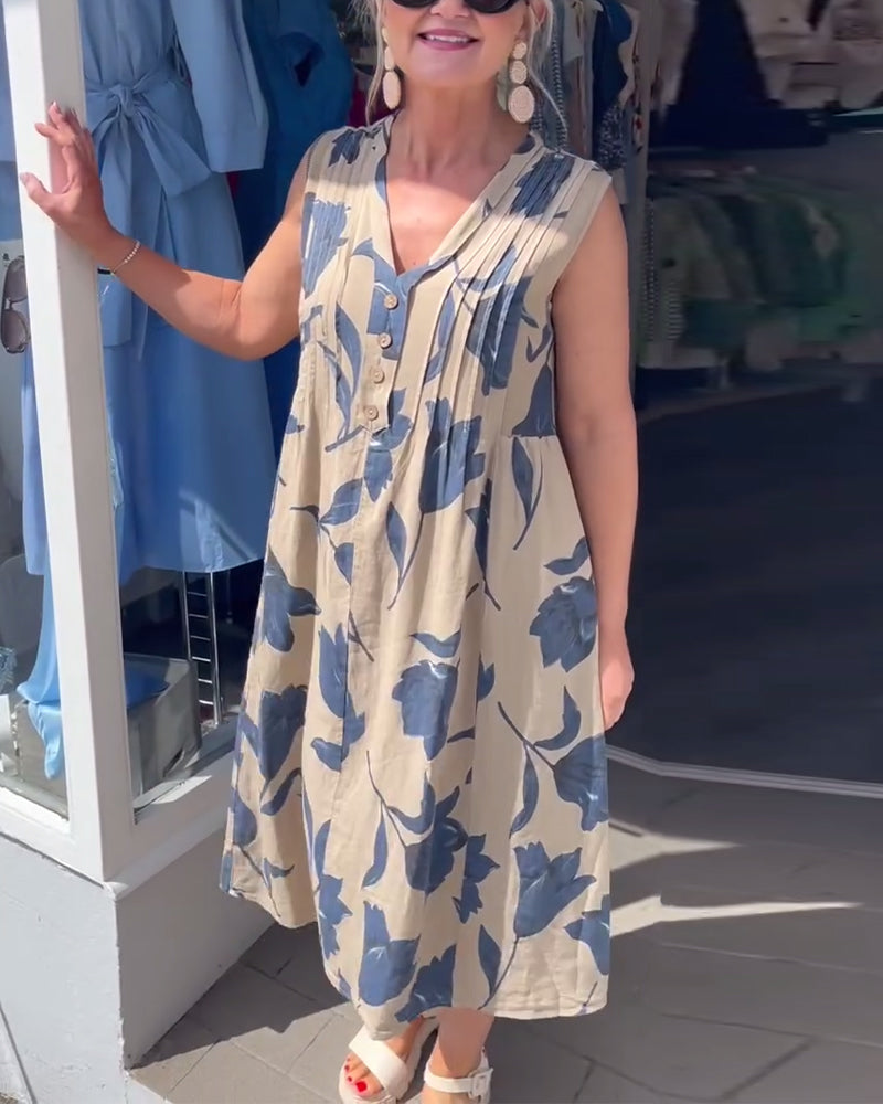 Sukienka Dekolt W Serek Bez Rękawów Drukowana