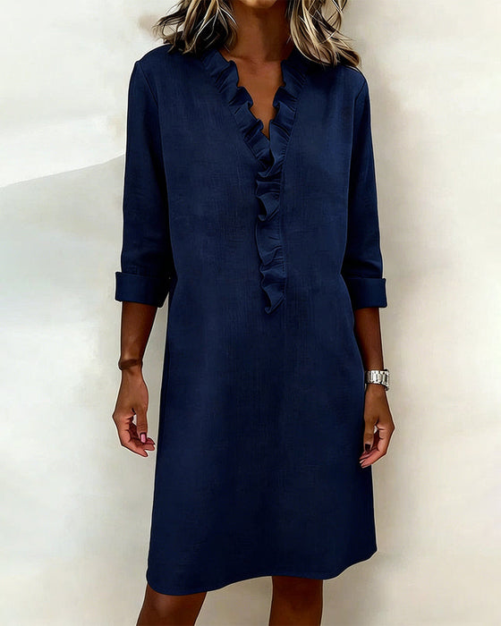 Sukienka Plisowany Dekolt W Serek Jednokolorowa