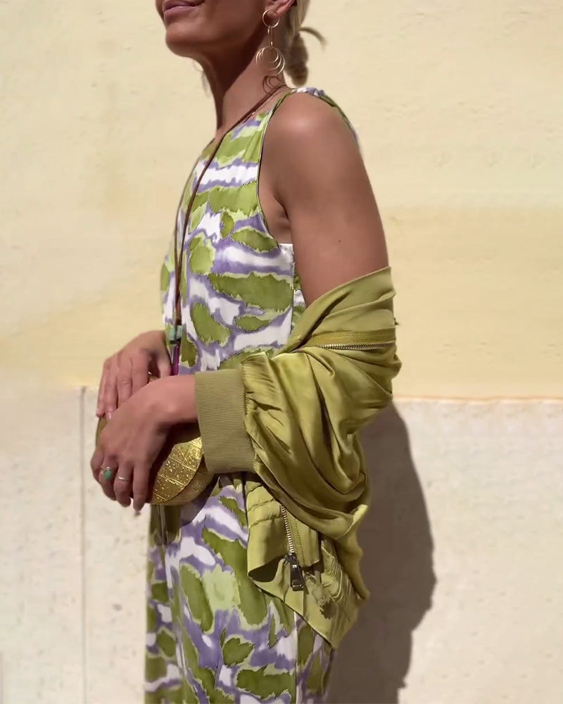 Komplet Bez Rękawów Drukowana Sukienka I Płaszcz