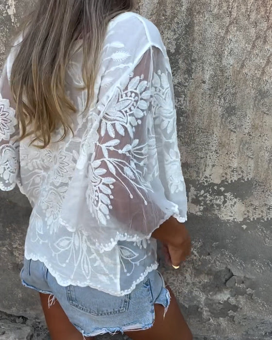 Bluzka Motylkowy Rękaw Okrągły Dekolt Haftowany